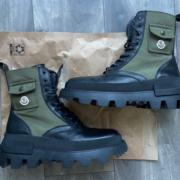 Moncler 10US/43 Military Green Konture Leather Cordura Combat Pocket Ankle Boots - Picture 2 of 11